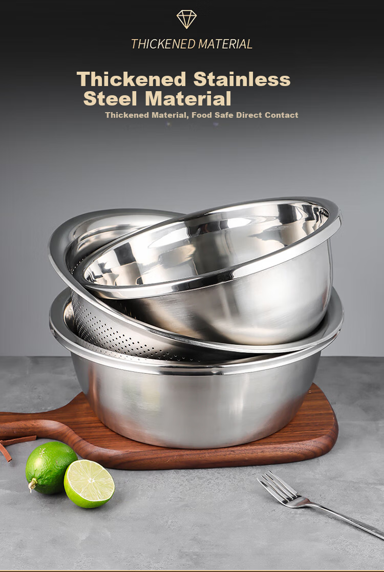 Baijie Stainless Steel Draining Basket Vegetable Washing Basin Rice Washing Basket Kitchen Fruit Basin Large 32cm Set 2