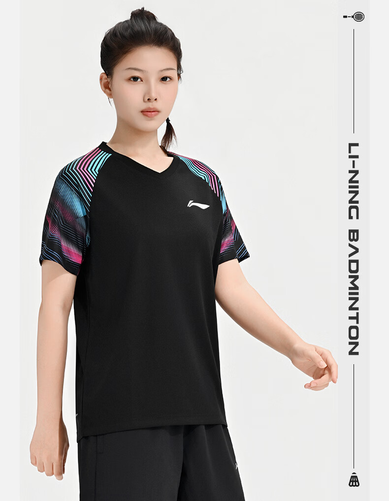 LI-NING Badminton Shirt Unisex Competition Short Sleeve T-Shirt Training Sportswear Black XL 2