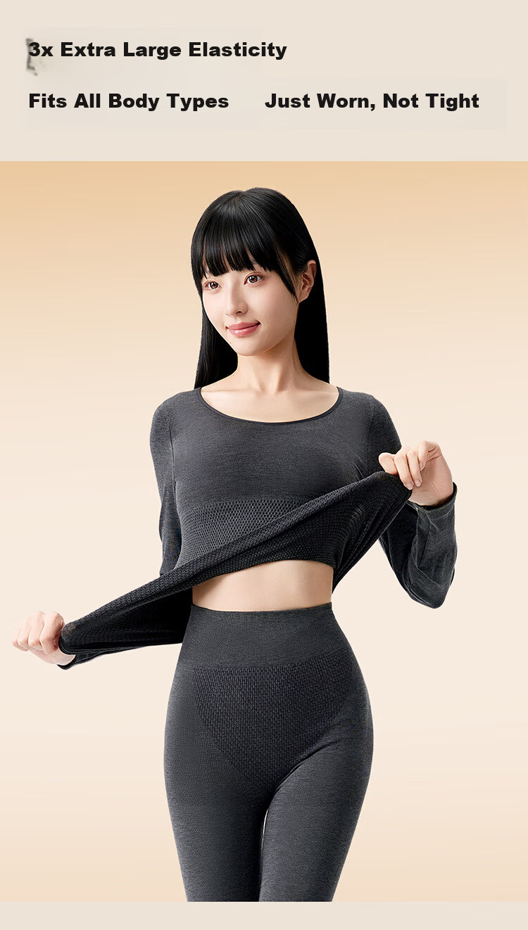 MiiOW Women's Thermal Underwear Set Seamless Slim Wool Heat Retaining Autumn Winter Body Shaping Top and Bottom 14