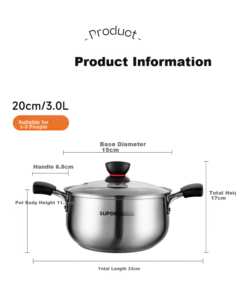 SUPOR Small Red Circle 304 Stainless Steel Soup Pot, Milk Pot, Noodle Cooking Pot, 24cm Noodle Cooking Pot with Reinforced Bottom, Compatible with Induction Cooker ST24H1 25