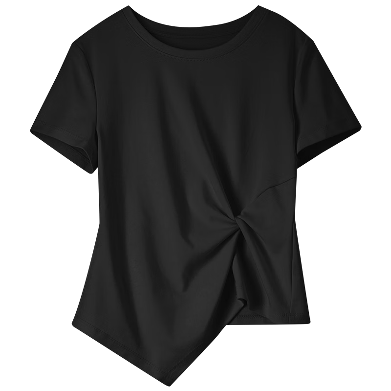 Shangdu Bila Slim Fit Slimming Pure Cotton T-Shirt Women Summer Design Irregular Short Sleeve Elegant Top Black S
