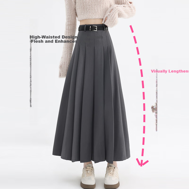 Free Style Gray High-Waist A-Line Pleated Midi Skirt for Women 2026 Summer New Slim Fit Formal Suit Skirt