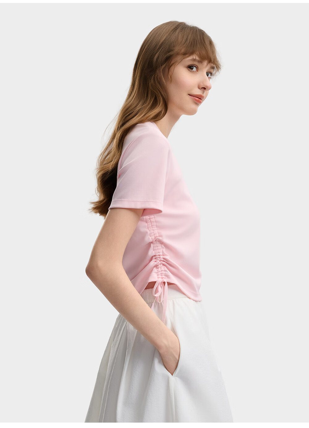 FILA Yang Mi Same Style Knitted Short Sleeve Shirt Women 2026 Summer Side Drawstring Fashion Casual Embroidered Logo Slim T-Shirt 54
