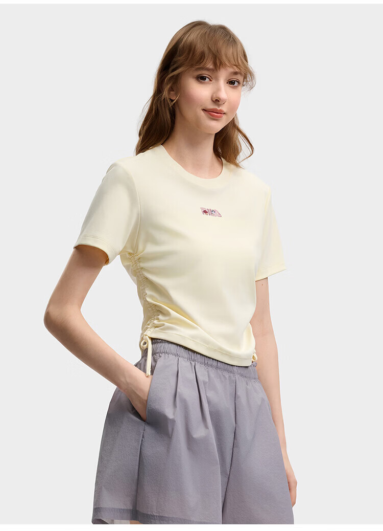 FILA Yang Mi Same Style Knitted Short Sleeve Shirt Women 2026 Summer Side Drawstring Fashion Casual Embroidered Logo Slim T-Shirt 59