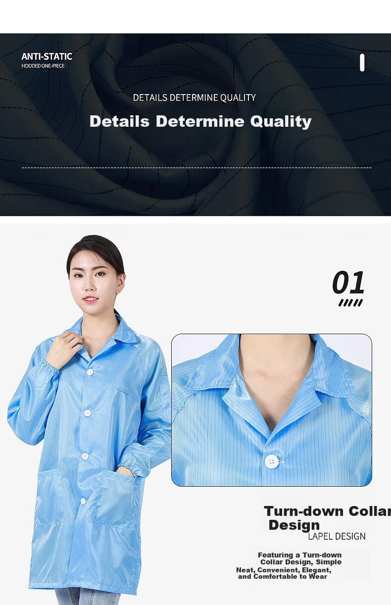 Mulang Anti-Static Lab Coat with Lapel Buttons, Dust-Free Cleanroom Suit for Food and Electronics Workshop, Dustproof Workwear, Blue 2XL 10