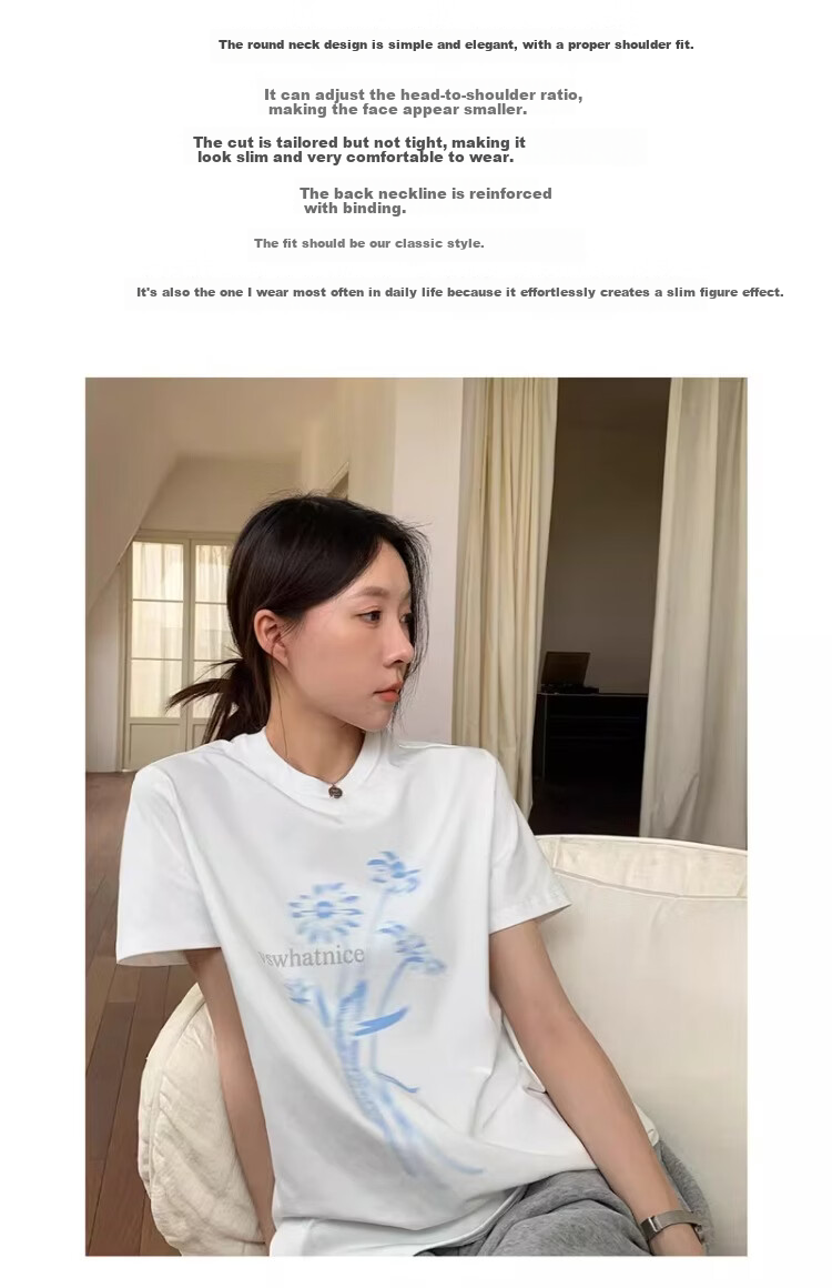 ICH MODE Floral Print Short Sleeve T-Shirt Women Spring Autumn New Korean Style Beautiful Shoulder Tee Navy Blue S 3