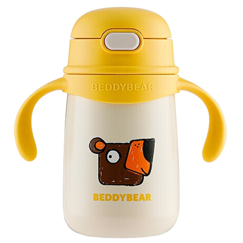 BEDDYBEAR Kids Insulated Water Bottle with Straw, Handle, and Strap, 400ml, Kindergarten Student Cup, Hoho Bear Design