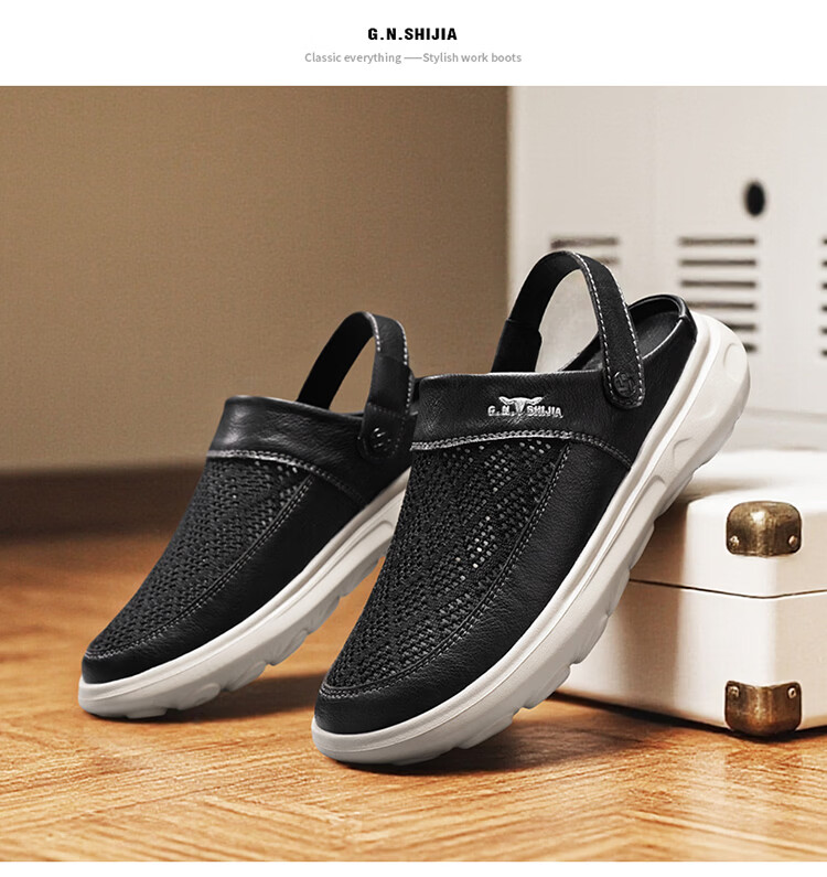 Bull Family Men's Summer New Breathable Hollow Toe Sandals Versatile Slippers Men's Mesh Beach Shoes Two-Way Clog Shoes 19