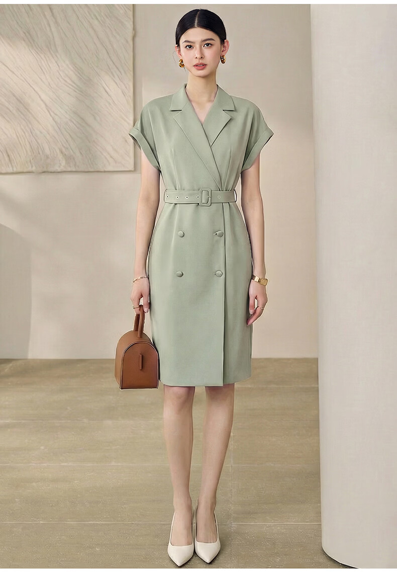 ROEYSHOUSE Tie-Waist Waist-Cinching Dress for Women Summer Elegant Textured Blazer Dress 06473 Bean Green S 5