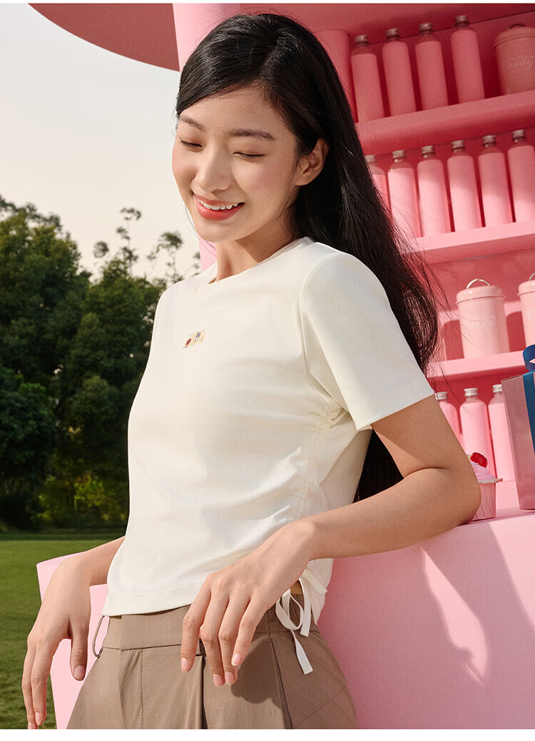 FILA Yang Mi Same Style Knitted Short Sleeve Shirt Women 2026 Summer Side Drawstring Fashion Casual Embroidered Logo Slim T-Shirt 35