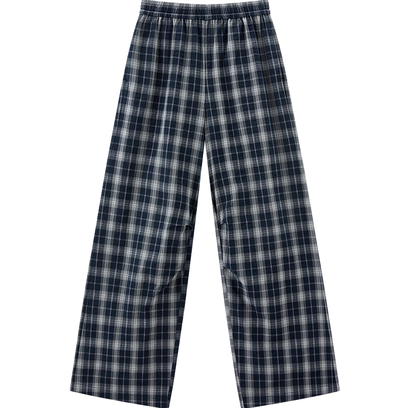 LeTing Colorblock Plaid Detachable Tassel Leather Curtain Wide-Leg College Style Casual Pants Navy Blue (In Stock) M