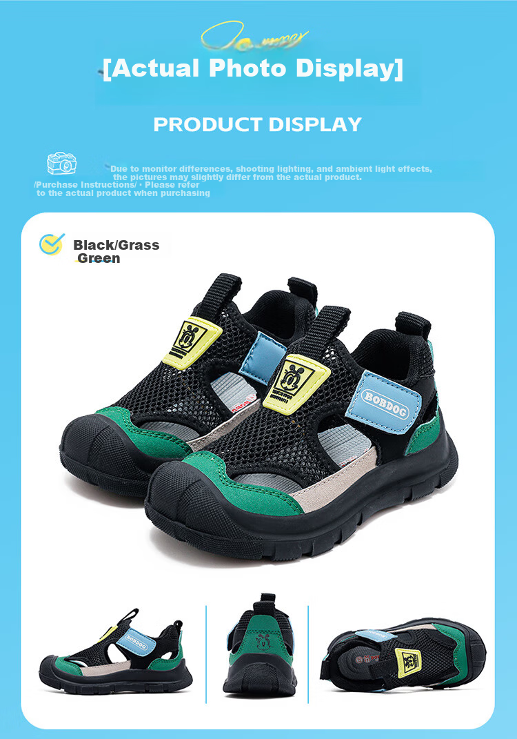 BOBDOG Boys' Summer Soft Sole Breathable Sandals Children's Sports Shoes 104552042 Black/Grass Green Size 29 6