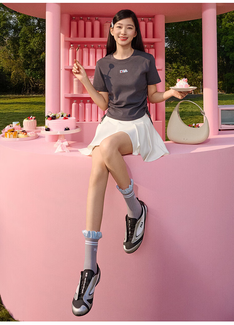 FILA Yang Mi Same Style Knitted Short Sleeve Shirt Women 2026 Summer Side Drawstring Fashion Casual Embroidered Logo Slim T-Shirt 18