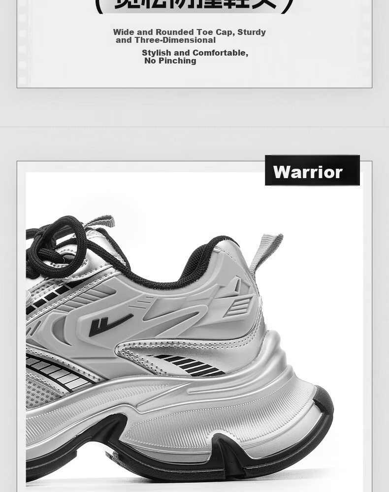 Warrior Women's 2026 Spring Mesh Thick-Soled Dad Sneakers Fashion Casual Shoes Black Silver Size 35 8