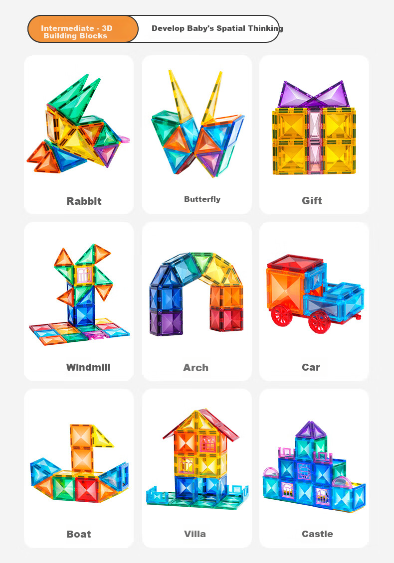 MAGPLAYER Children's Toy Colorful Window Magnetic Tiles, Magnetic Building Blocks for Boys Aged 3-6, Birthday Gift, 100 Pieces with 2 Small Cars 13