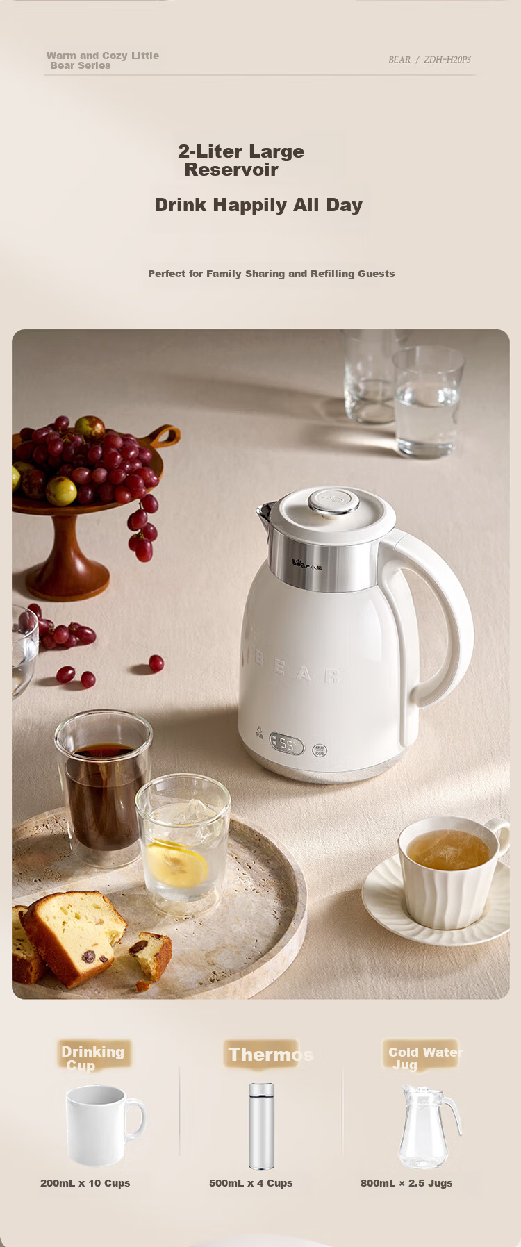 Bear Electric Kettle with Temperature Control 316L Stainless Steel Seamless Inner Liner Multi-Stage Insulation Household 2L Large Capacity Thermostatic Kettle ZDH-H20P5 13