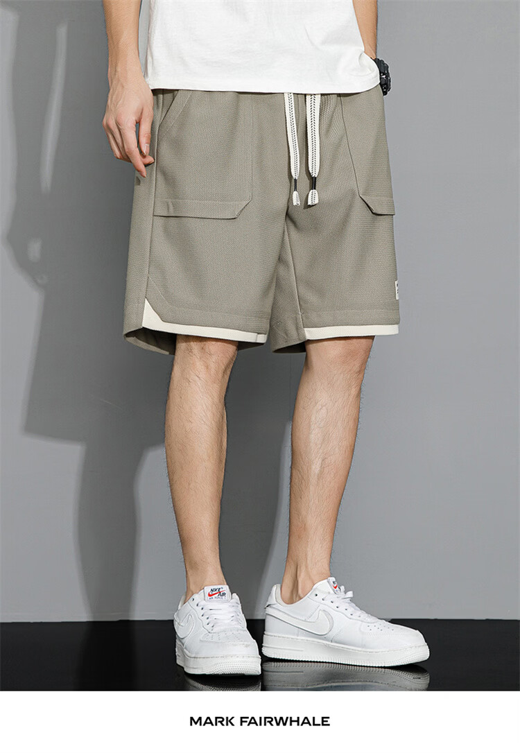 MARK FAIRWHALE Men's Casual Summer Lightweight Loose Fit Student Sports Ice Silk Five-Point Shorts Beige M 18