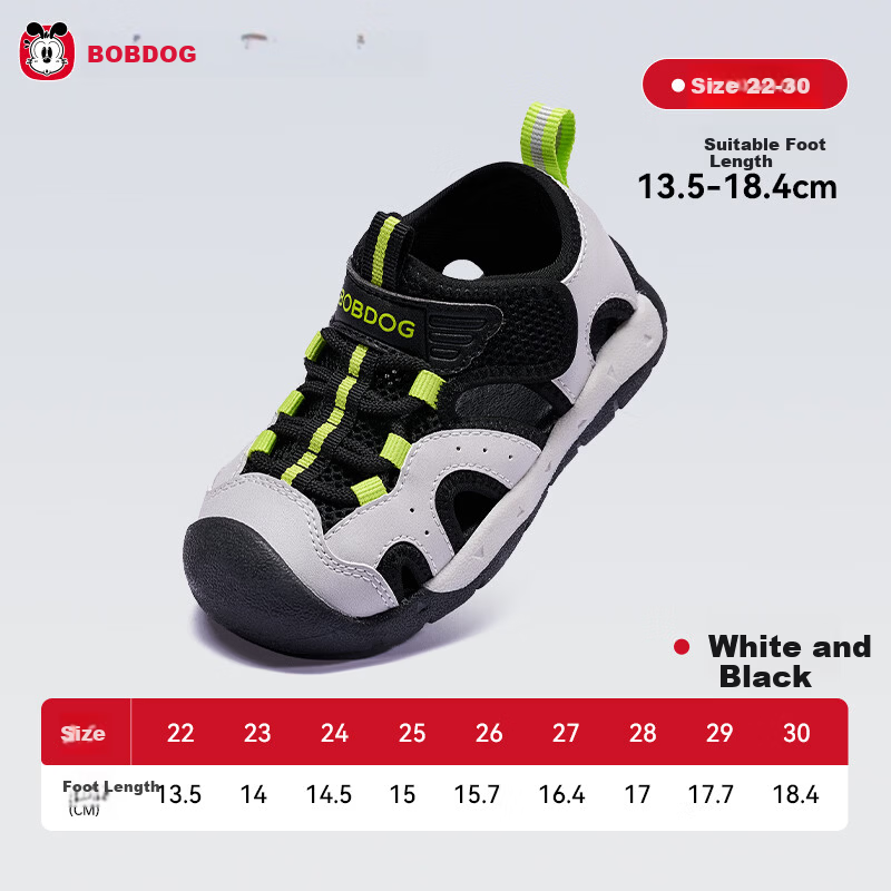 BOBDOG Kids Summer Breathable Boys Sandals Non-slip Baby Walking Shoes Hollow Out Children's Beach Sandals White Black Size 22