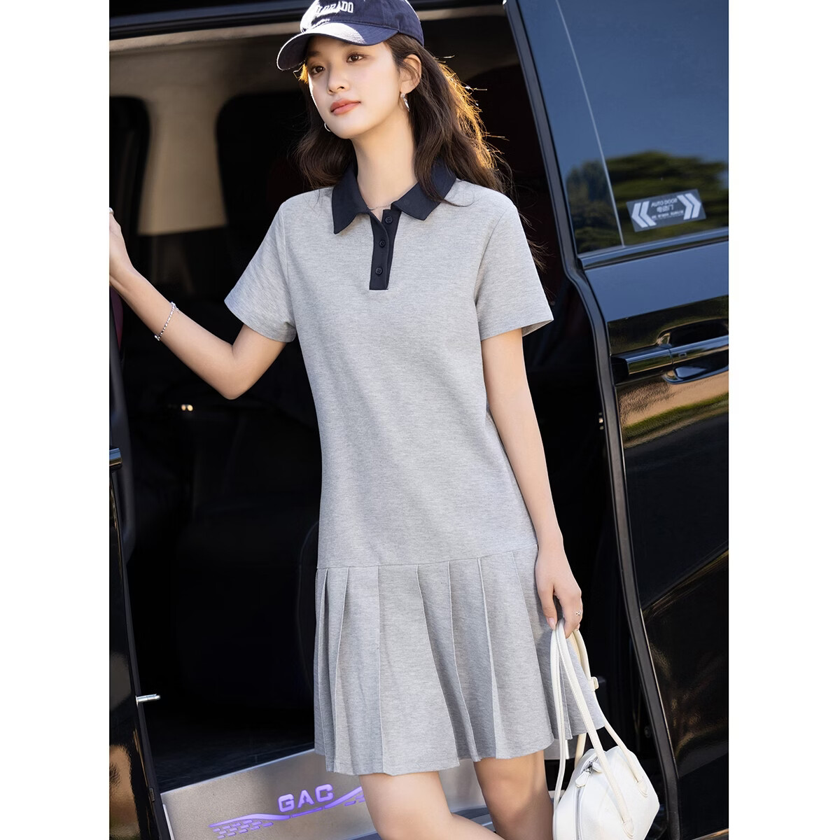 Demana Fresh Cloud Cotton Summer College Style Colorblock Polo Collar Pleated Loose Slim Fit Women's Dress