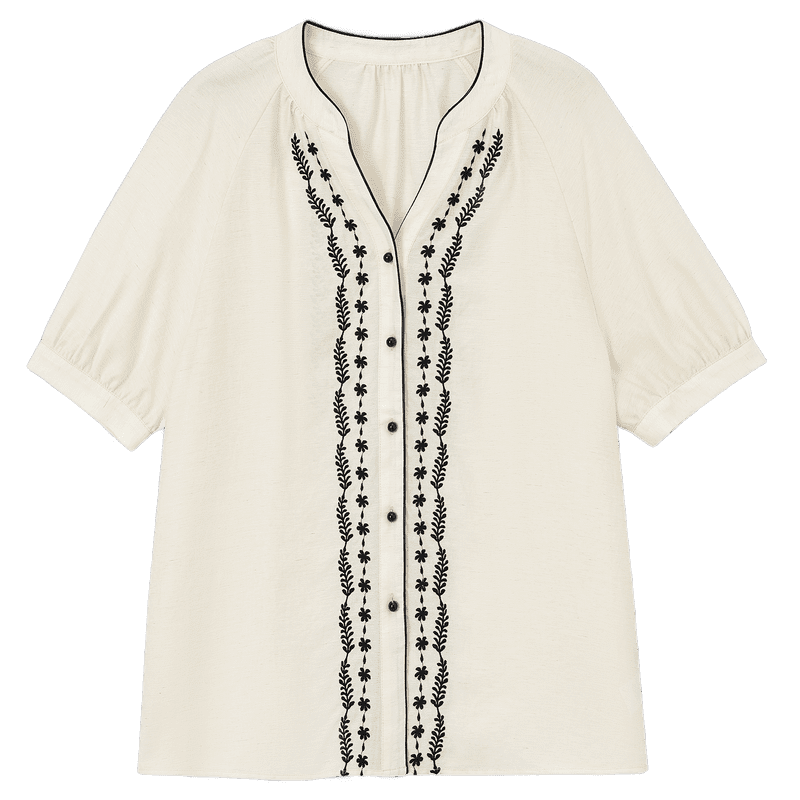 Demana Ethnic Style Color-Block Embroidered Shirt Women Summer New Literary V-Neck Loose Short Sleeve Top