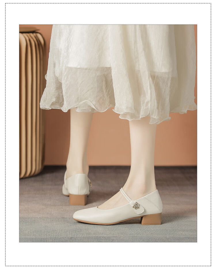 ZHR Women's Single Shoes Elegant One-Strap Mary Jane Shoes with Chunky Heel Fashionable Women's Shoes AH506 Apricot Color Size 36 16