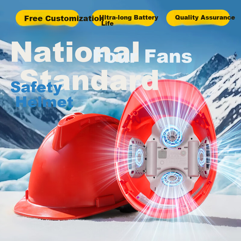 Norrisan New National Standard Built-in Fan Safety Helmet Cooling Summer Sun Protection Temperature Reduction ABS Smart Helmet with Fan Construction Site Rechargeable V-Type 4 Fans Customizable - Red