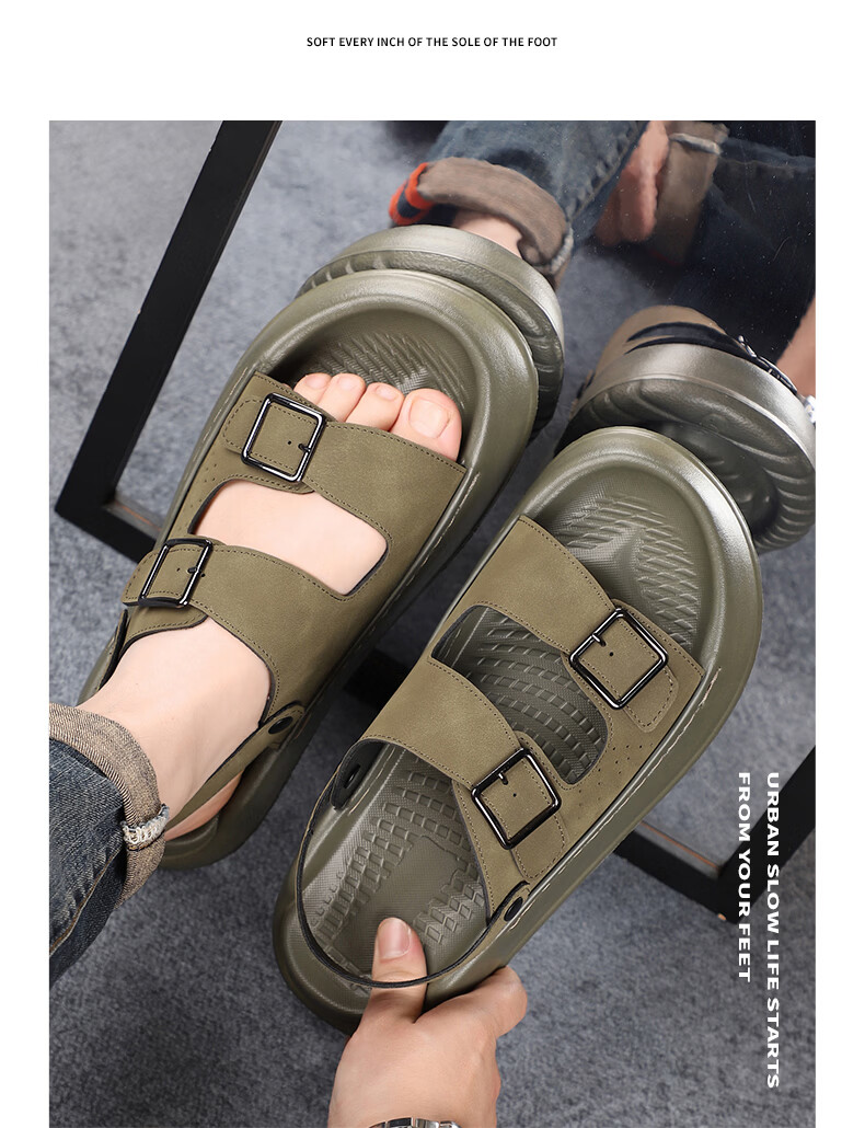 MEXICAN Spring Summer New Men's Leather Sandals Beach Shoes Dual-Wear Slippers Breathable Black Size 39 13