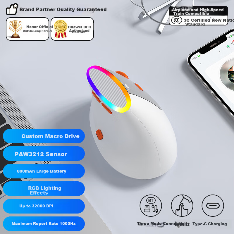 B.O.W Hangshi MD470BL Ergonomic Tri-Mode Mouse Wired Wireless Bluetooth Rechargeable Silent White Gray for Laptop Desktop iPad Huawei Xiaomi Phone