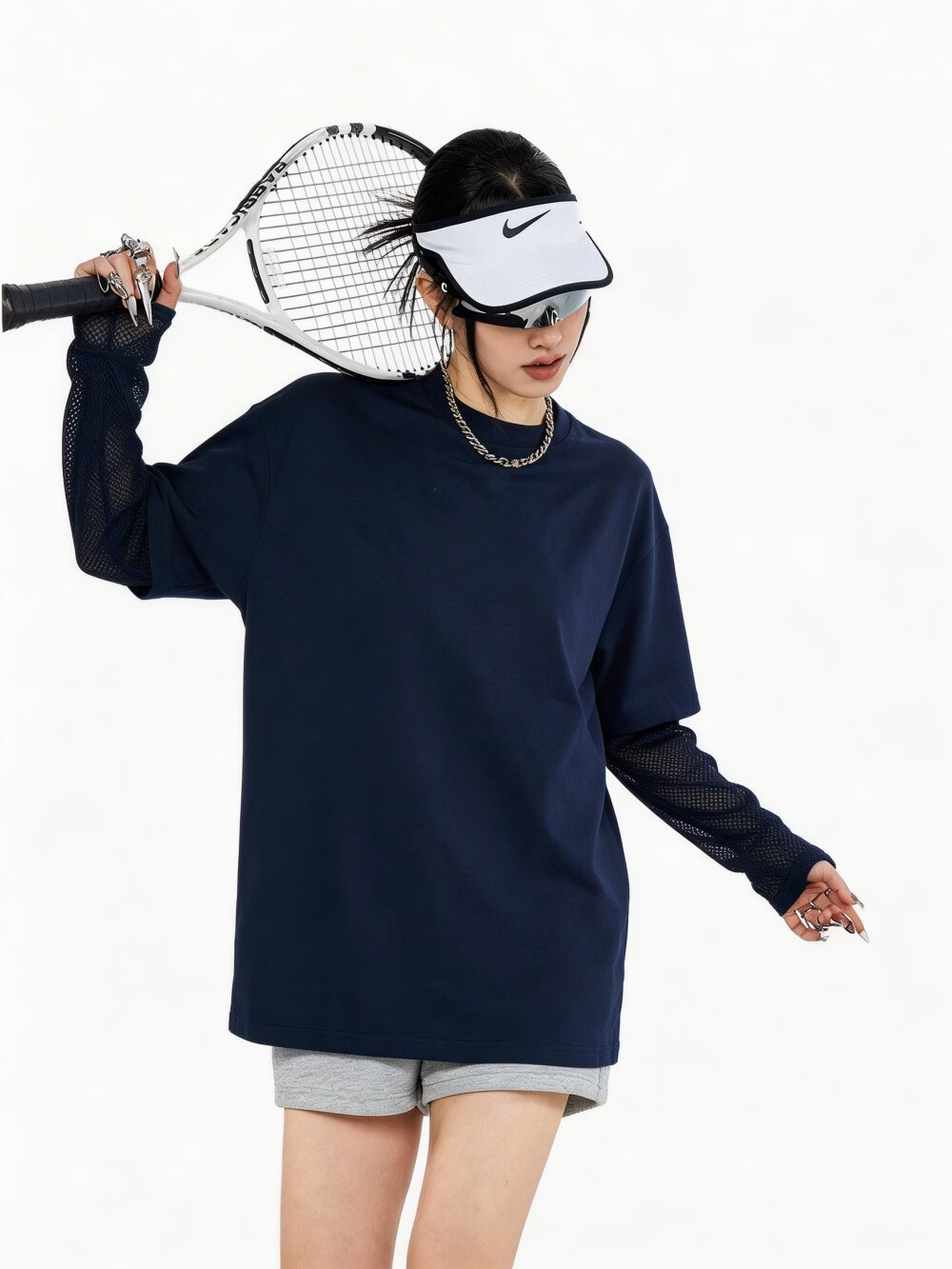 ICH MODE American Vintage Two-in-One Long Sleeve T-Shirt Women 2026 New Summer Casual Simple Top Navy Blue L 9