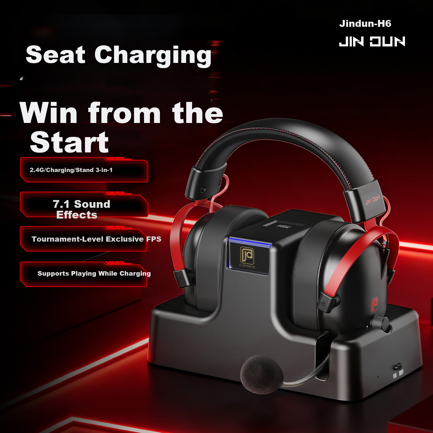 Jindun H6 Bluetooth Gaming Headset 2.4G Wireless Over-Ear Gaming Headphones Desktop PC One-Key 7.1 Surround Sound E-Sports Headset FPS Gaming Special
