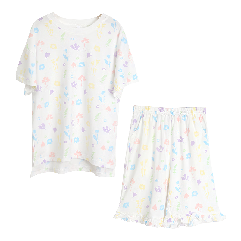 Hodohome Girls' Summer Pajamas Set, Pure Cotton Pullover Sleepwear with Short Sleeves And Shorts, Air Conditioning Wear, Style 306, Blue, Size 165