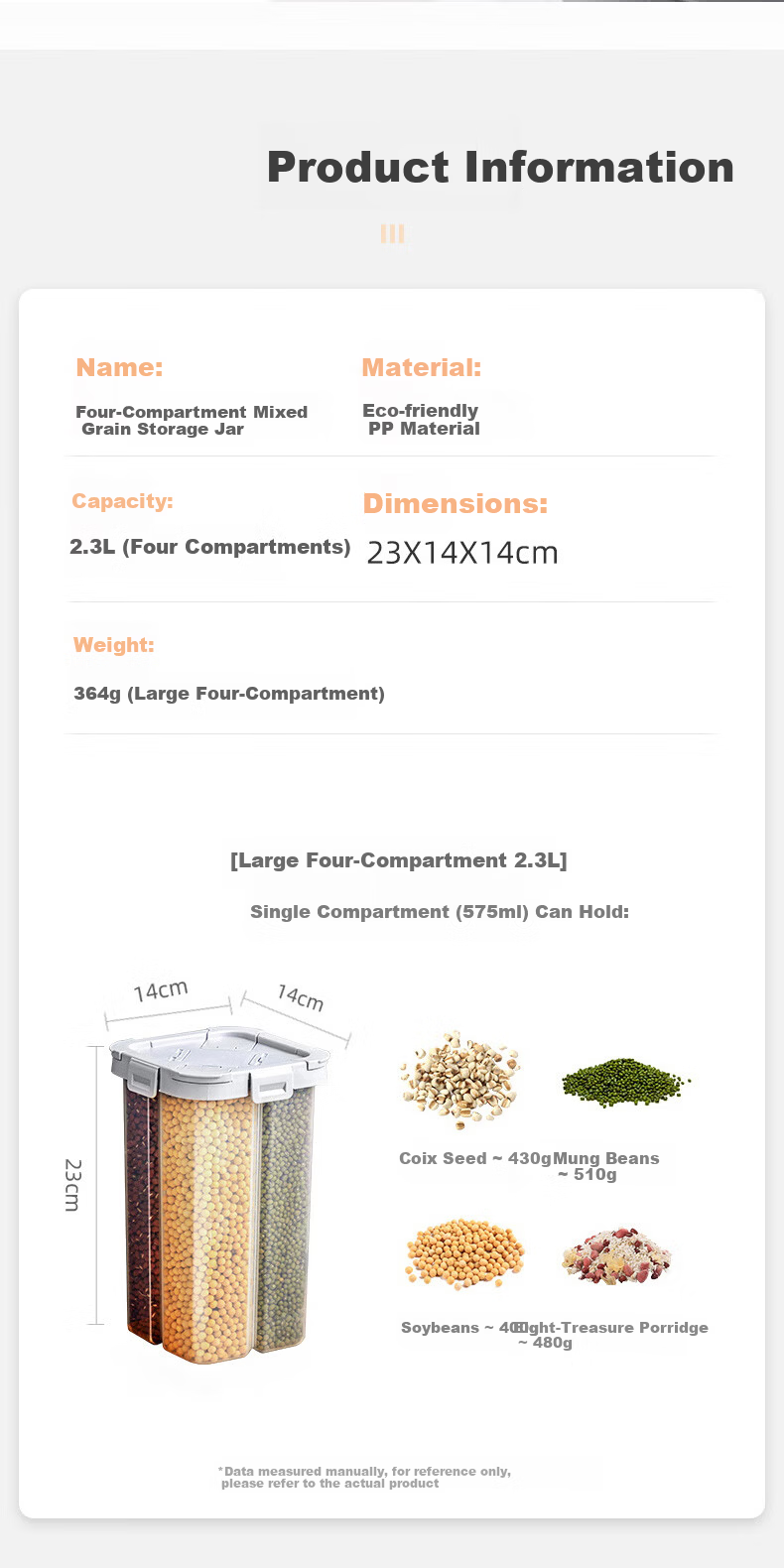 Taili Five-Grain Storage Box Sealed Jar Food-Grade Grain Rice Container Four-Compartment Cereal Bean Organizer 8