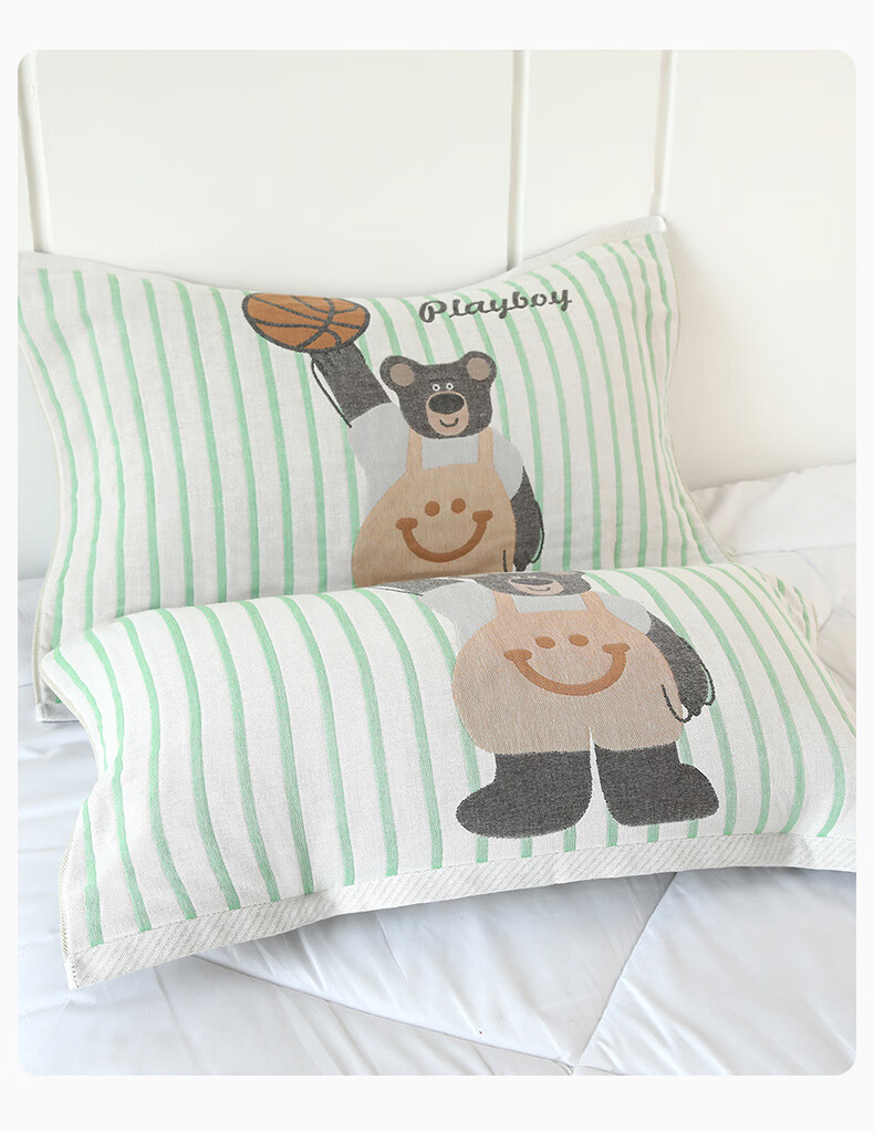 MUJI A-Class 100% Cotton Four-Layer Gauze Pillowcase Set with Elastic Band 52x78cm Bear Pattern, Pair 4