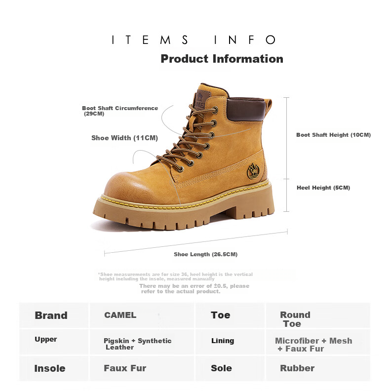 CAMEL [Shanyue] Women's Work Boots Trendy Thick-Soled Martin Boots L25W076018R Earth Yellow (Suede Lining) Size 37 39