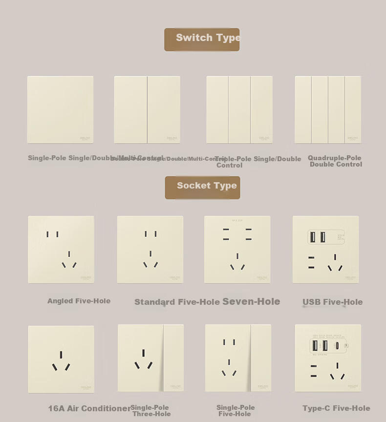 DELIXI Switch Socket CD295 Ultra-thin Matte Frosted Large Panel 86 Type Concealed Silver Osmanthus Yellow Angled Five-hole 10 Pack 29