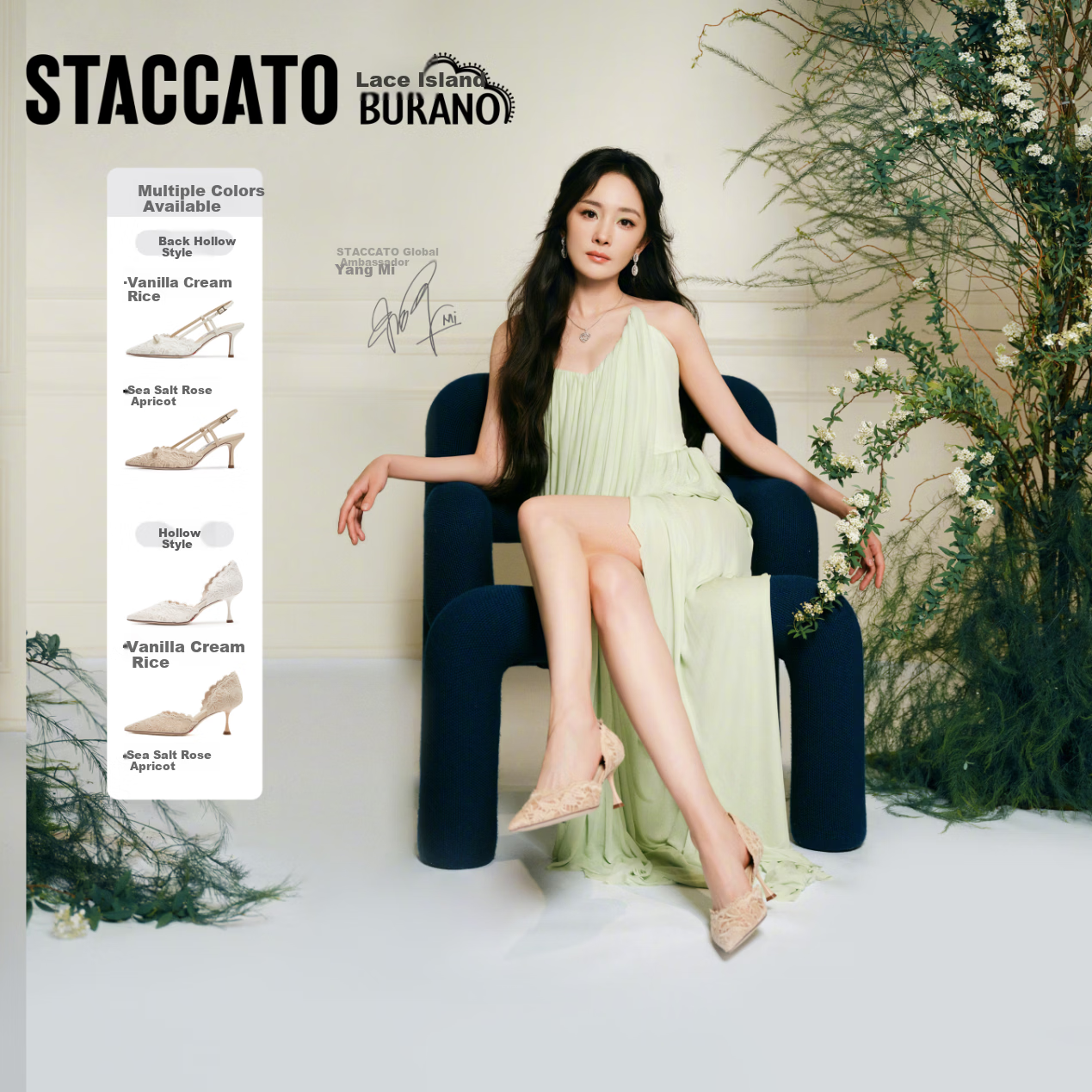 Skechers Yang Mi Same Style 2026 Spring Lace Island High Heel Women's Sandals ED334AK6 Vanilla Cream Hollow Style Size 35
