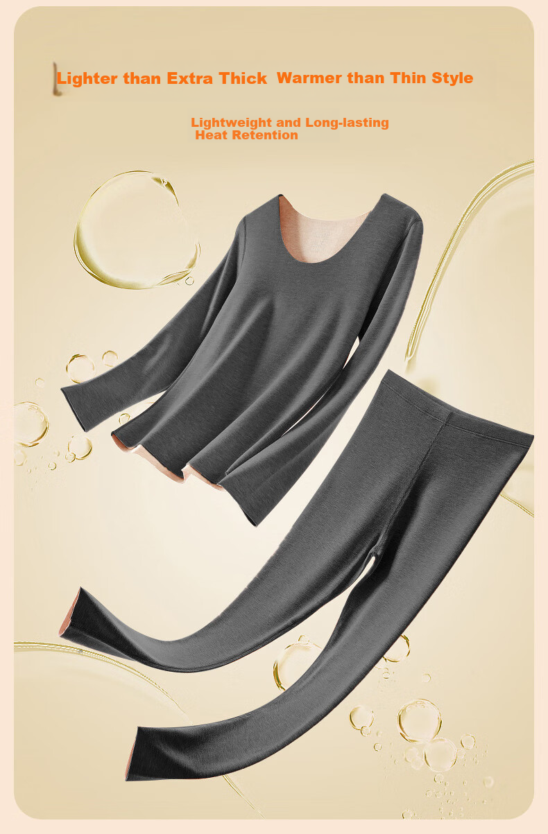 BOPRUIEY Women's Thermal Underwear Set Cashmere Silk Antibacterial Heating Round Neck Thin Fleece Base Layer Autumn Top and Bottom Set 9