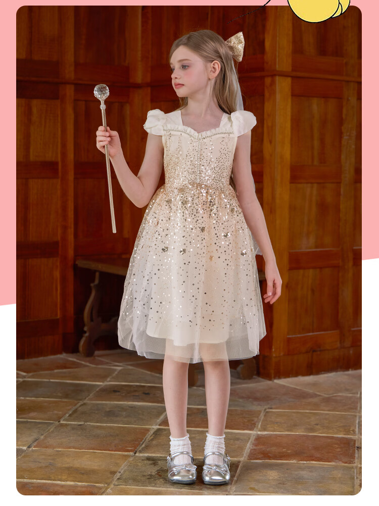 Disney Girls Princess Dress Children's Puffy Dress 2026 Summer New Sequin Short Sleeve Tulle Birthday Party Dress 12