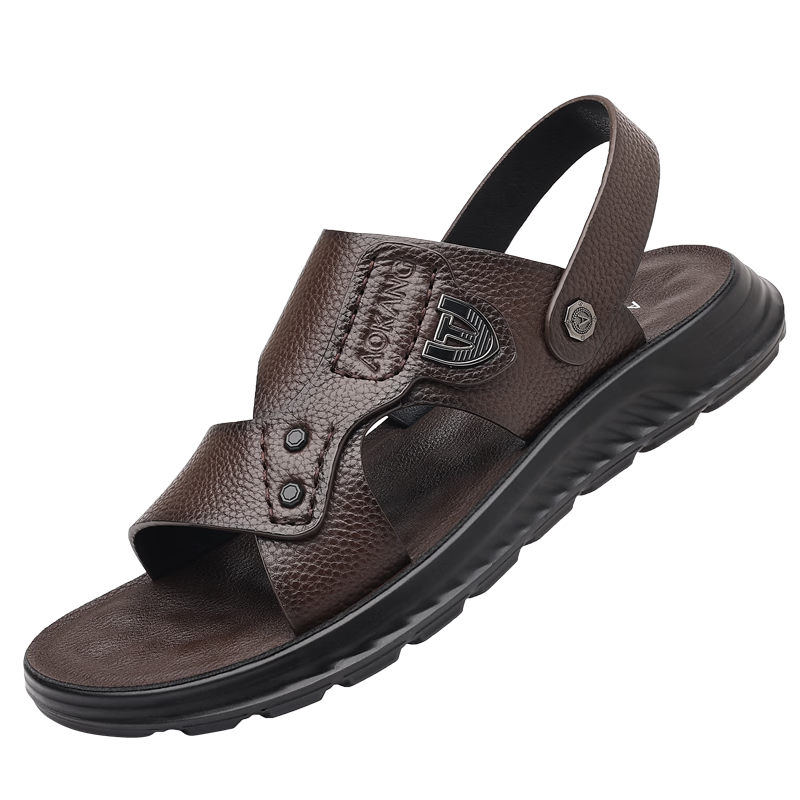 Aokang Father's Day Sandals for Men, Cowhide Leather, Summer Soft-Soled Casual Beach Shoes, Versatile Trendy Two-Way Slippers, Brown, Size 39