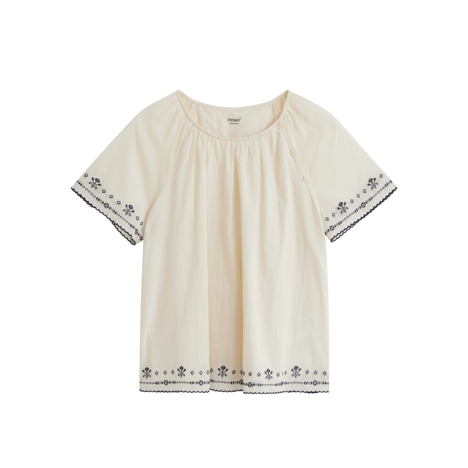 Inman French Style 100% Cotton Embroidered Shirt Summer Women's Casual Vacation Short Sleeve Blouse Beige M