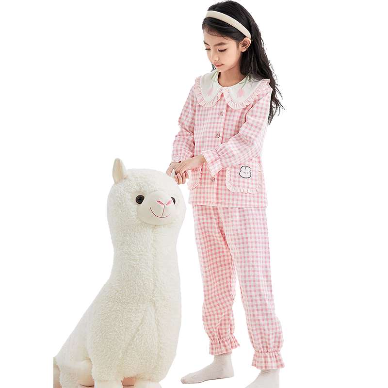 DEESHA Girls' A-Class Cotton Cardigan Pajama Set, 60S High-Count High-Density, Sweet Long Sleeve Homewear for Spring and Autumn
