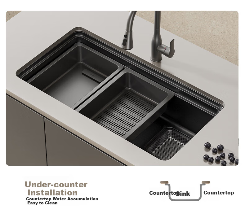 JOMOO Magician Kitchen Sink 304 Stainless Steel Large Single Bowl Black Titanium Forged Texture Narrow Edge Undermount Sink 30