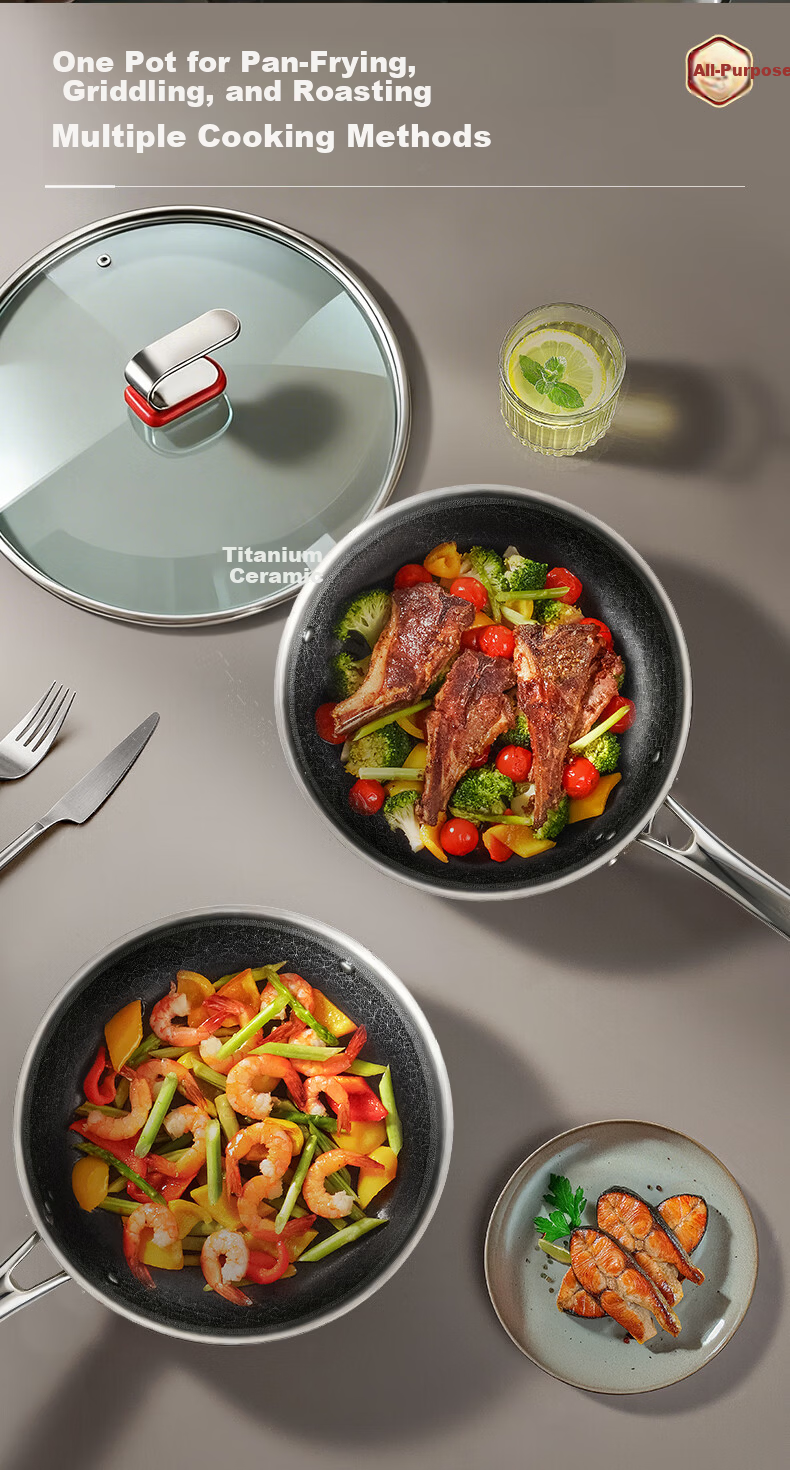 ASD Titanium Ceramic Honeycomb Stainless Steel Non-Stick Frying Pan, Fluorine-Free Coating, Egg and Steak Pan, Compatible with Induction Cookers, Model 28E6 13
