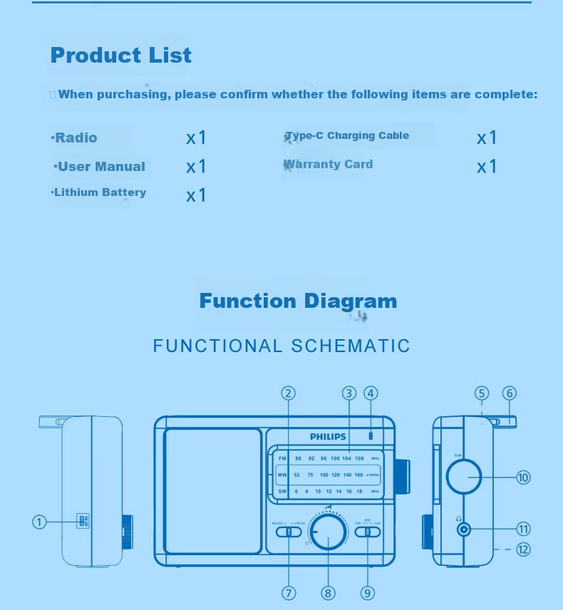PHILIPS TAR2368S Full Band Radio Pointer Rechargeable Lithium Battery Portable FM Semiconductor Vintage Desktop Broadcast Elderly Portable Speaker 13