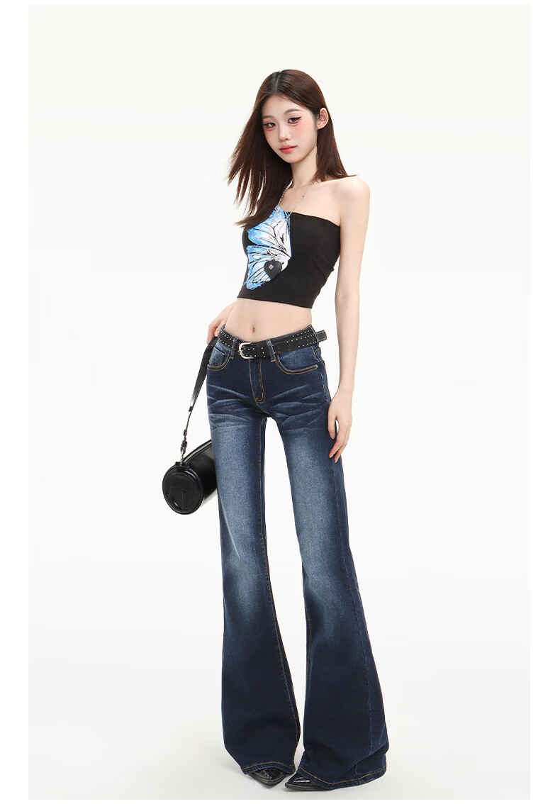 Pierre Cardin Women's Summer Denim Jeans American Style Low Waist Flared Loose Casual Long Pants Dark Blue L 26