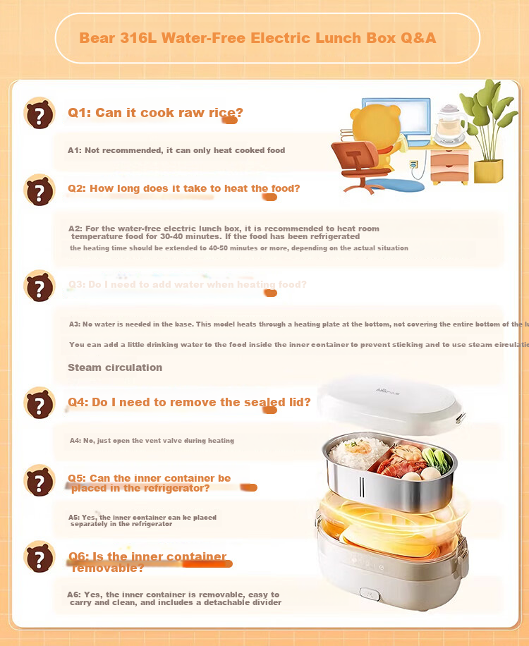 Bear Electric Lunch Box Self-Heating Lunch Box No Water Needed Plug-in Heating 316L Stainless Steel 1L DFH-N10F6 2