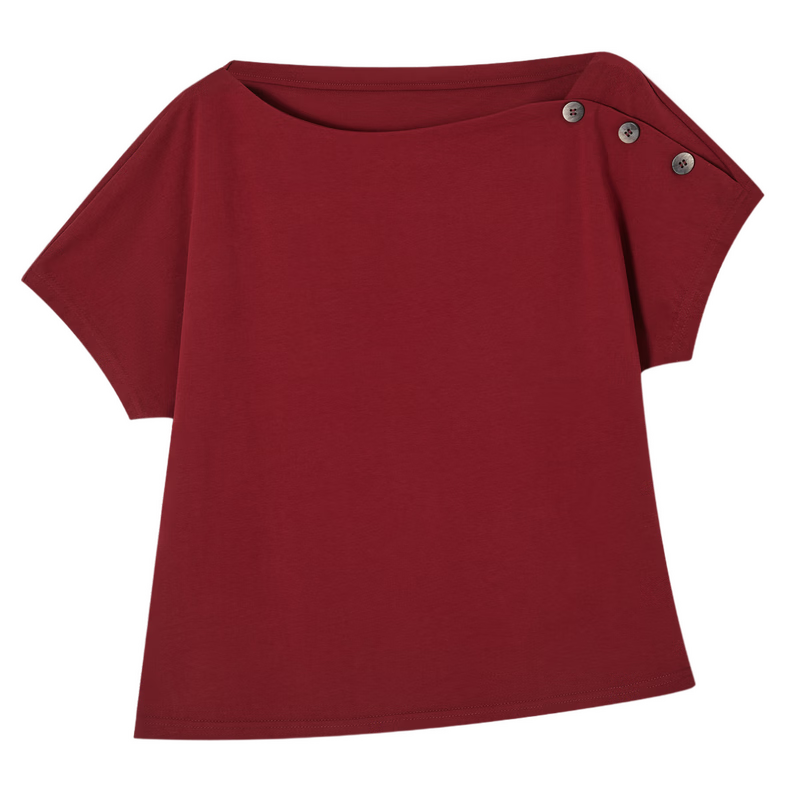 Demana [Cool Sorona] Summer Elegant Off-Shoulder Raglan Sleeve Button Decor Slim Fit Petite Women's T-Shirt