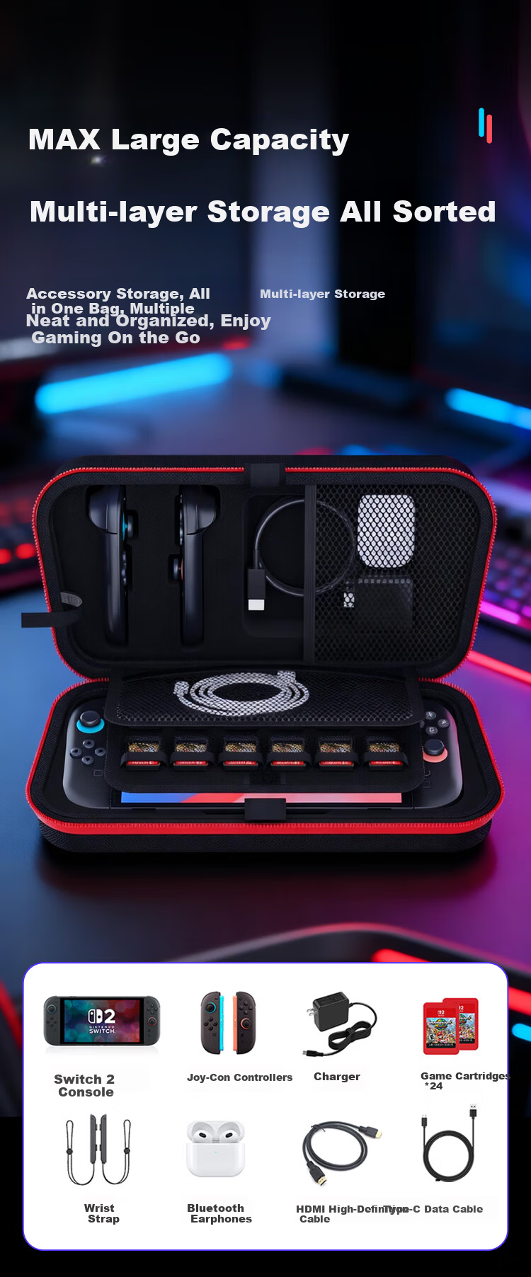 NVV Switch 2 Storage Bag NS2 Game Console Protective Case Portable Handheld Controller Grip Full Set Large Capacity Accessories Shockproof Hard Case NG-P2S 4