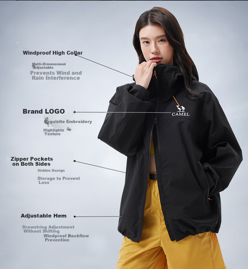CAMEL Unisex Spring Autumn Hooded Loose-Fit Three-Proof Casual Short Jacket 734CATG621 5