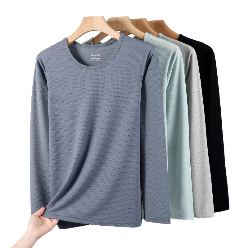 Langsha Ice Silk Long Sleeve T-Shirt Men Summer Thin Mesh Breathable Air Conditioning Shirt Plus Size Loose Quick-Dry Tee